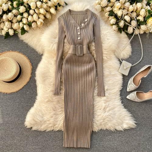 Womens Autumn Winter Runway Fashion Elastic V Neck Knitted Slim Dress Female Travel Chic Party Dress TB126