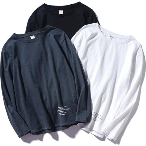 100% Cotton Casual O-Neck Long Sleeve Tops Tees Men T-shirts Autumn Letter Print Soft Male Pullover Solid Loose Korean Tshirts