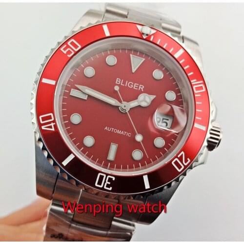 40mm Mechanical montres de poignet red dial red bezel Bliger magnifying date automatic movement men watches W2779