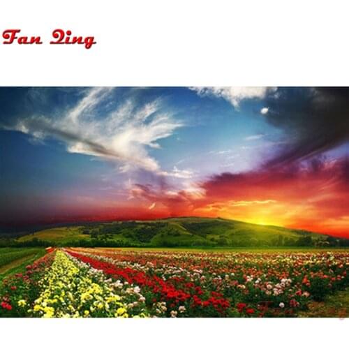 Diamond Embroidery Beautiful Sunset Flower Field Natural Scenery Full Square Round Drill 5D DIY Rhinestone Kit Mosaic Home Decor