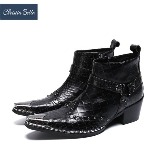 Christia Bella Solid Men Shoes Genuine Leather Boots New Fashion Simplicity Metal Pointed Toe Boots Big Size Zipper Short Boots