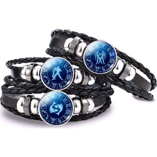 12 Constellation Punk Bracelet Aquarius Pisces Aries Taurus Gemini Zodiac Sign Button Braided Leather Bracelet for Women Men
