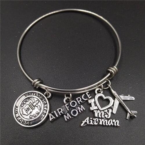 2.5inch Diameter Adjustable Stainless Steel Wire Bangle USA Airforce Mom Charm Bracelets Bulk Price Fashion Women DIY Jewelry