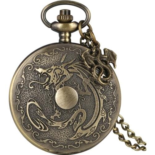 Punk Retro Chinese Dragon Design Quartz Pocket Watch Bronze Necklace Watch Full Hunter Pendant Clock Gifts Men Women