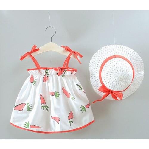 NEW Dresses Children Baby Kids Girls Clothes Cute Cotton Carota Printed Sleeveless Princess Summer Dress + Sun Hat Clothing Kid