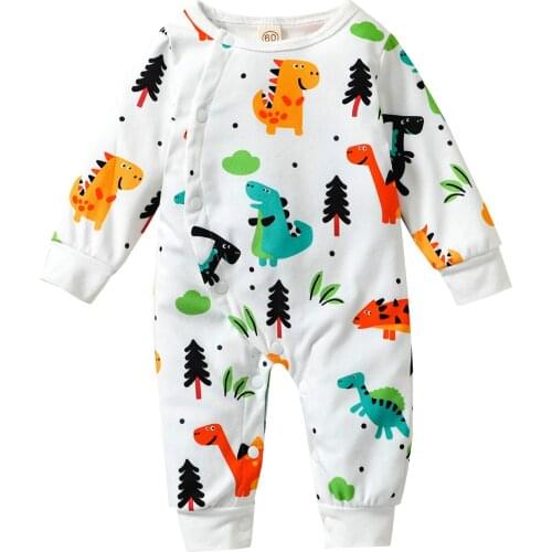 Unisex Infant Baby Girls Boys Long Romper, Dinosaur Print Long Sleeve O-neck Button-up Jumpsuit for Spring, Fall