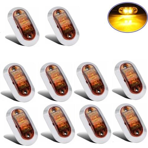 Fuleem 10PCS Chrome Bezel Amber LED 2.5INCH 2 Diode Light Oval Clearance Trailer Truck LED Side Marker Lamp 12V 24V Waterproof