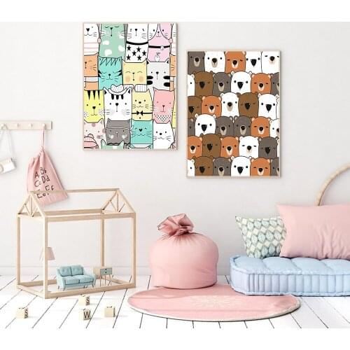 Colorful Cartoon Cute Cat Wall Art Kids Girl Canvas Paintings Prints Nursery Bear Picture Home Decor for Livingroom Decoration