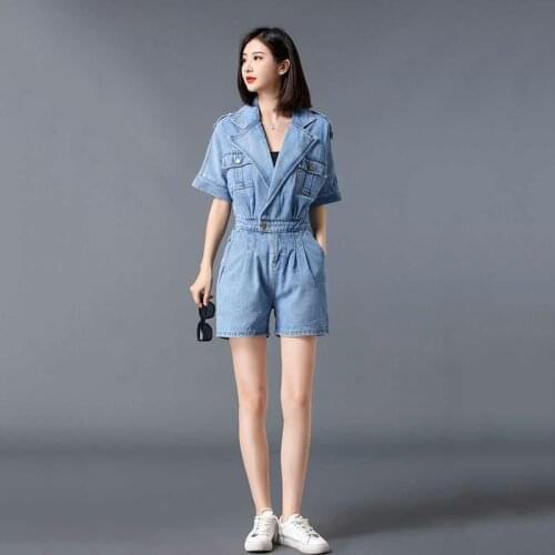 Summer Fashion Chic Style Womens Jeans Shorts Retro Lazy Wide Leg Handsome Short Sleeve Denim Jumpsuit