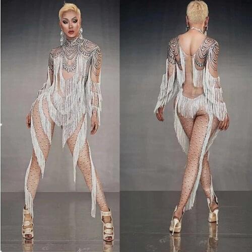 Pole Dance Fringe Bodysuit Car Model Catwalk Stretch Jumpsuit Nightclub Stage Performance Costume Festival Rave DJ dance Outfit