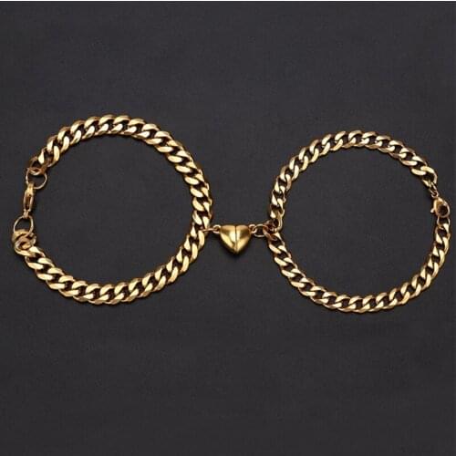 Q39C 2pcs High Quality Magnet Lovers Bracelet for Couples Gold Heart Charm Pendant Titanium Steel Bracelets Women Jewelry