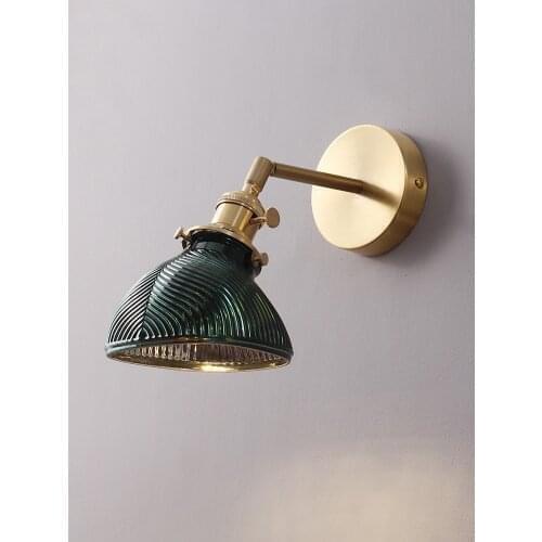 Retro dark green leaf pattern emerald brass glass bedroom study living room bedside Nordic mirror front wall lamp