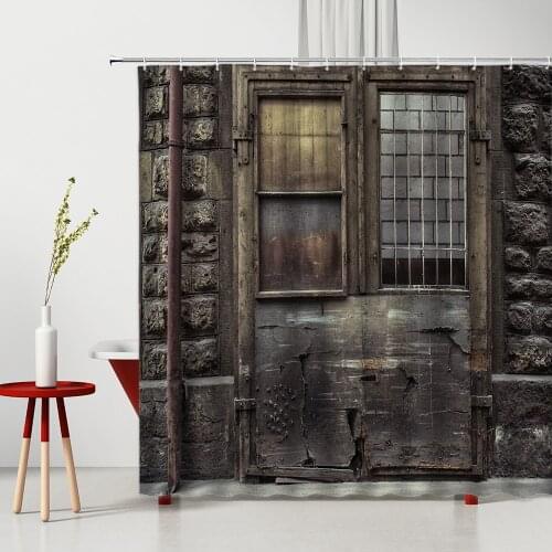 Old-Fashioned Wooden Door Shower Curtain Antique Shabby Black Gate Pattern Bathroom Decor Polyester Washable Bath Curtains Set