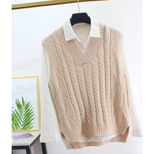 Spring And Autumn New Sweater Womens Solid Color V-Neck Thread Stitching Knit Sweater Loose Youth Fashion Waistcoat Jacket
