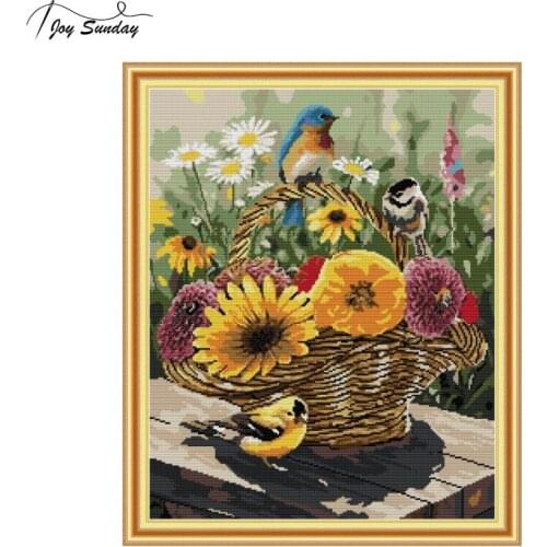 Joy Sunday Cross Stitch Fabric Bird and Flower Basket Pattern Aida Fabric 14ct Printed Canvas Embroidery Kit DMC DIY Needlework