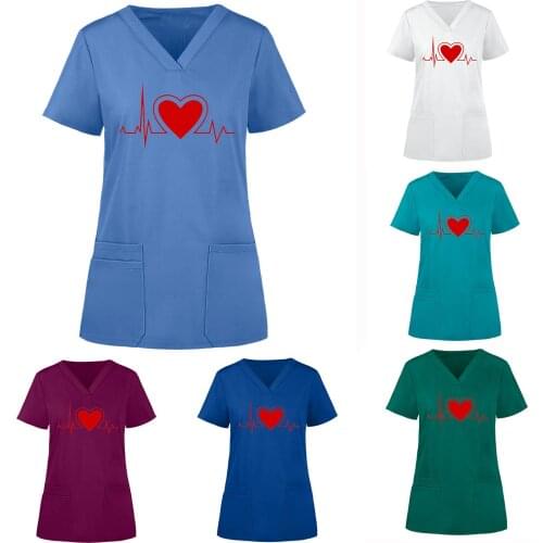 Nurse Uniform Scrubs Women Nursing Overalls Short Sleeve V-neck Tops Working Uniform Printed Pocket Blouse медицинская одеж q5