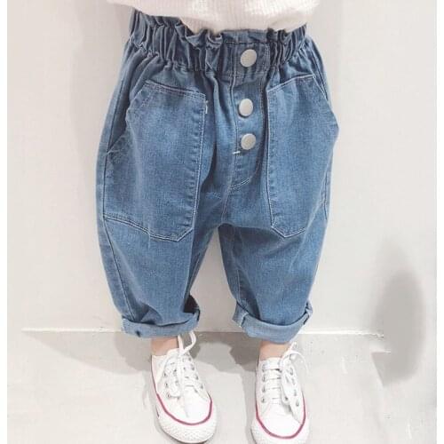 2020 Spring and Autumn New Baby Girl Jeans Childrens Loose Denim Pants Girls Fashion Solid High Waist Jeans Kids Casual Pants