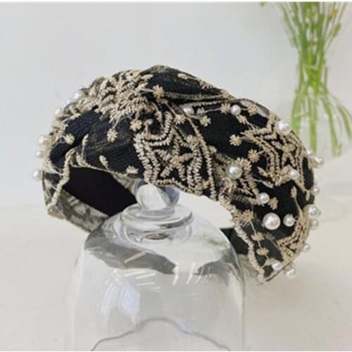 Vintage Hair Accessories Women Lace Pearls Hairband Knot Korean Style Ladies Headdress Wide Head Band Adults Headwear Headband