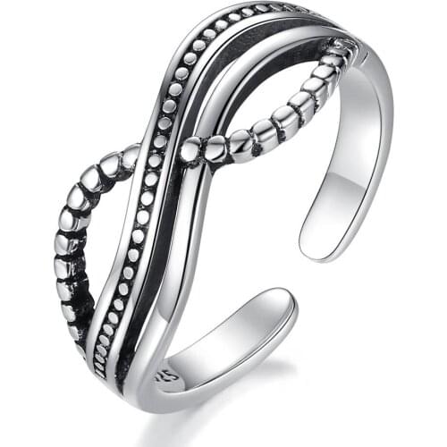 Twist Wave Vintage Punk Black Adjustable Thai Silver Color Ring For Women Mens Korean Trendy Simple Tibetan Jewelry Gift