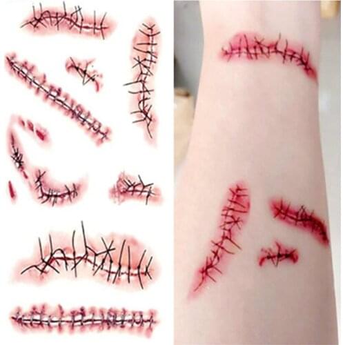 Halloween Waterproof Temporary Tattoo Sticker Halloween Terror Wound Realistic Blood Injury Scar Fake Tattoo Sticker RC2324