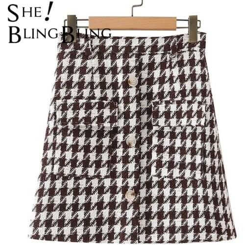SheBlingBling Za Woman 2021 Autumn Winter Tweed Houndstooth Tra Skirt Button Front Pockets Casual High Waist A-Line Mini Skirt