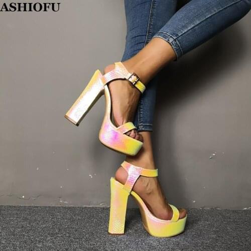 ASHIOFU Handmade Ladies Chunky Heel Sandals Bright Leather Real Photos Party Prom Shoes Buckle Strap Evening Fashion Sandals