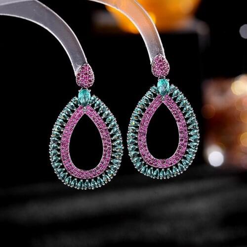 EYER Hot Pink Purple Cubic Zirconia Stone Luxury Big Long Drop Party Wedding Costumed Earrings Fashion Jewelry 2021 For Women