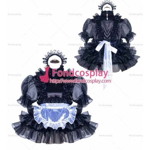Fondcosplay adult sexy cross dressing sissy maid short French Lockable Black Satin organza Dress white apron Tailor-made[G3969]