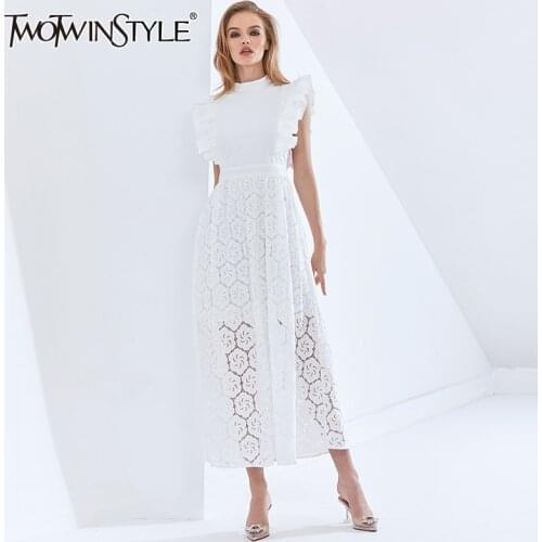 TWOTWINSTYLE White Hollow Out Women Dress Stand Collar Short Sleeve High Waist Elegant Dresses Female 2020 Autumn New Clothing