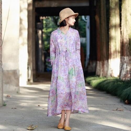 Women 2020 Spring Summer V Neck printed Ramie Dress Ladies Loose Retro Cute Dress Female Floral Dress