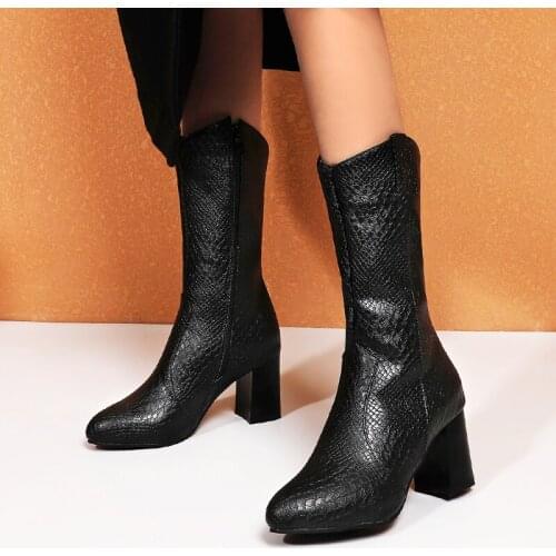 Winter boots White Black Yellow Faux Leather Cowboy Mid-Calf Boots for Women High Heel Boots Snake Print Western Cowgirl Boots