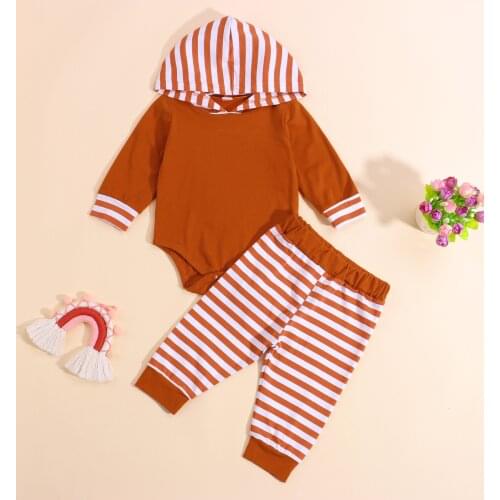 2Pcs Autumn Baby Girls Boys Outfit Infant Simple Style Double Color Stripes Long Sleeve Hooded Romper Long Pants Set