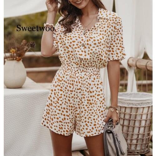 2020 New Fashion Slim Summer Playsuits Women Loose Short Sleeve Casual Print Playsuits