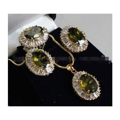 Free Shipping new hot fine gem Inlay Peridot Earrings/Ring/ Necklace Pendant Set AAA