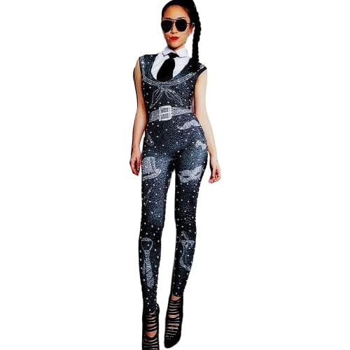 Shining Rhinestones Sleeveless Black Bow Tie Stretch Women Jumpsuits Club Wear Female Romper One-Piece Bodysuit Birthday Costume