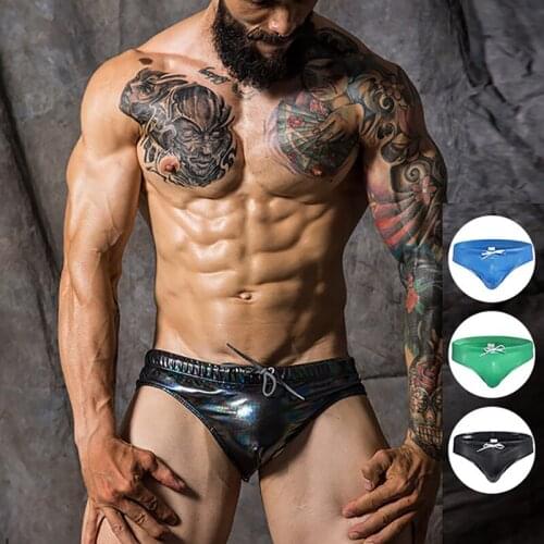 Men PU Leather Shiny Swimming Bikini Push Up Pad Lacing Bathing Suit Quick Dry Beachwear Beach Trunks Swimsuit Maillot De Bain