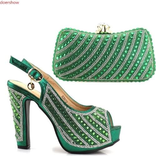 Doershow African Women Italian Shoes and Bag Set lady Italian Shoe and Bag Set Decorated with Rhinestone Nigerian Party JJC1-17
