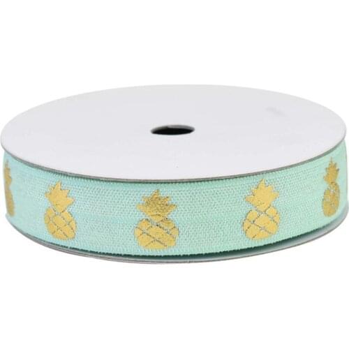 100yards 5/8"16mm Gold foil Fruit Pineapple printed FOE fold over elastic ribbon welcome custom printed