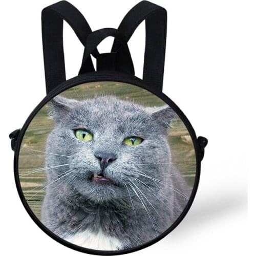 ELVISWORDS Lady Circle Clock Bag Women Russian Blue Cat Printed Mini Round Crossbody Bag Shoulder Pack Purse Children Backpack