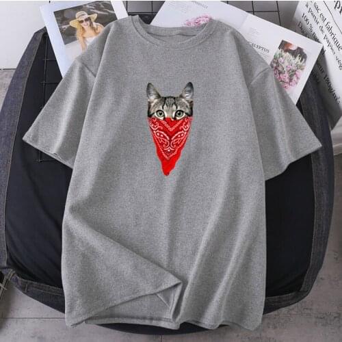Cute Cat Red Scarf Printed T-shirts Women Summer High Quality 2021 Clothing Woman Short Sleeve Hip Hop Tees Streetwear Female