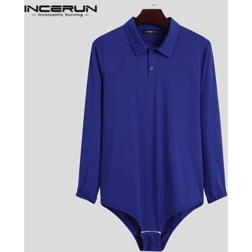 INCERUN Men Shirt Bodysuit Long Sleeve Button Lapel Rompers Tops Casual Streetwear Sexy Solid Color Mens Shirt Playsuits S-5XL