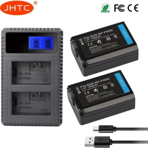 JHTC 2pcs 1080mAh NP-FW50 NP FW50 Camera Battery + LCD USB Dual Charger for Sony Alpha a6500 a6300 a6000 a5000 a3000 NEX-3 a7R