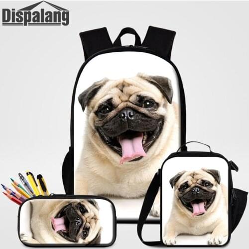 Dispalang Pug Dog Printing School Bags For Teenage Girls 3PCS Backpack Set Student Shoulder Bagpack Pencil Case Food Bag School