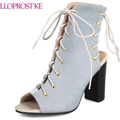Lloprost ke peep toe blue denim boots lace up summer boots women cross-tied open heel super high heels woman shoes size 33-48