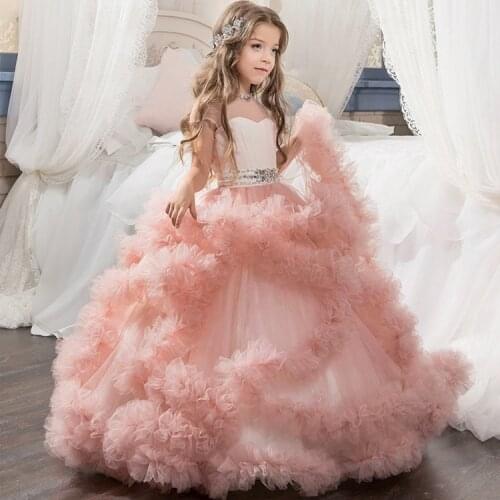 Tiered Tulle Flower Girls Dresses Long Layered Kids Dress Blush Pink Ruffles Birthday Gowns Birthday Party Wedding Robe
