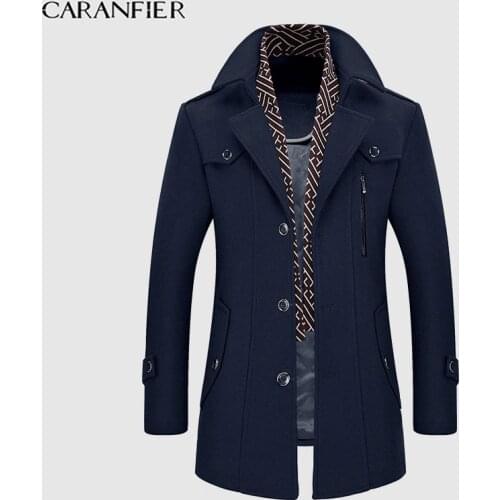 CARANFIER Mens Wool Blend Winter Overcoat Thick Cotton Jackets Male Coats Long Scarf Pea Fashion Outwear EU SIZE Dropshipping