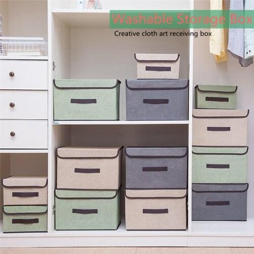 SET Of 2 Foldable Canvas Storage Boxes Folding Fabric Clothes Basket with Lids with Double Cover Organizer