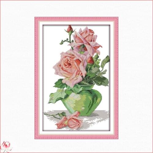 Pink Roses And Vases Patterns Counted 11CT 14CT DIY Cross Stitch Sets Chinese Cross-stitch Kits Embroidery Needlework