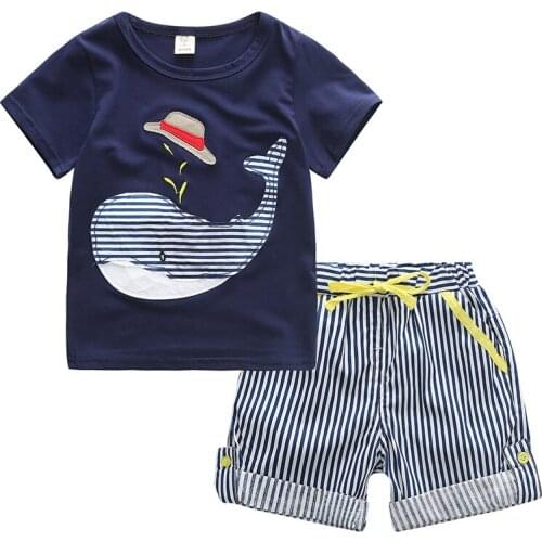 Boys clothes suit summer new style pure cotton cartoon short-sleeved T-shirt striped shorts 2pcs childrens sports suit