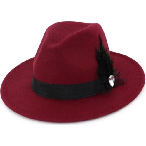 Vintage Women Wide Brim Wool Felt Hat Bowler Trilby Fedora with Feather Ribbon Decoration for Fashion Ladies GH-623